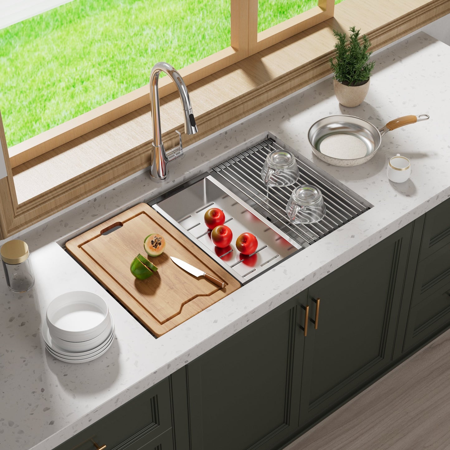 Évier de cuisine sous plan CB HOME 32 po, encastrable, noir/acier inoxydable, cuve simple avec accessoires