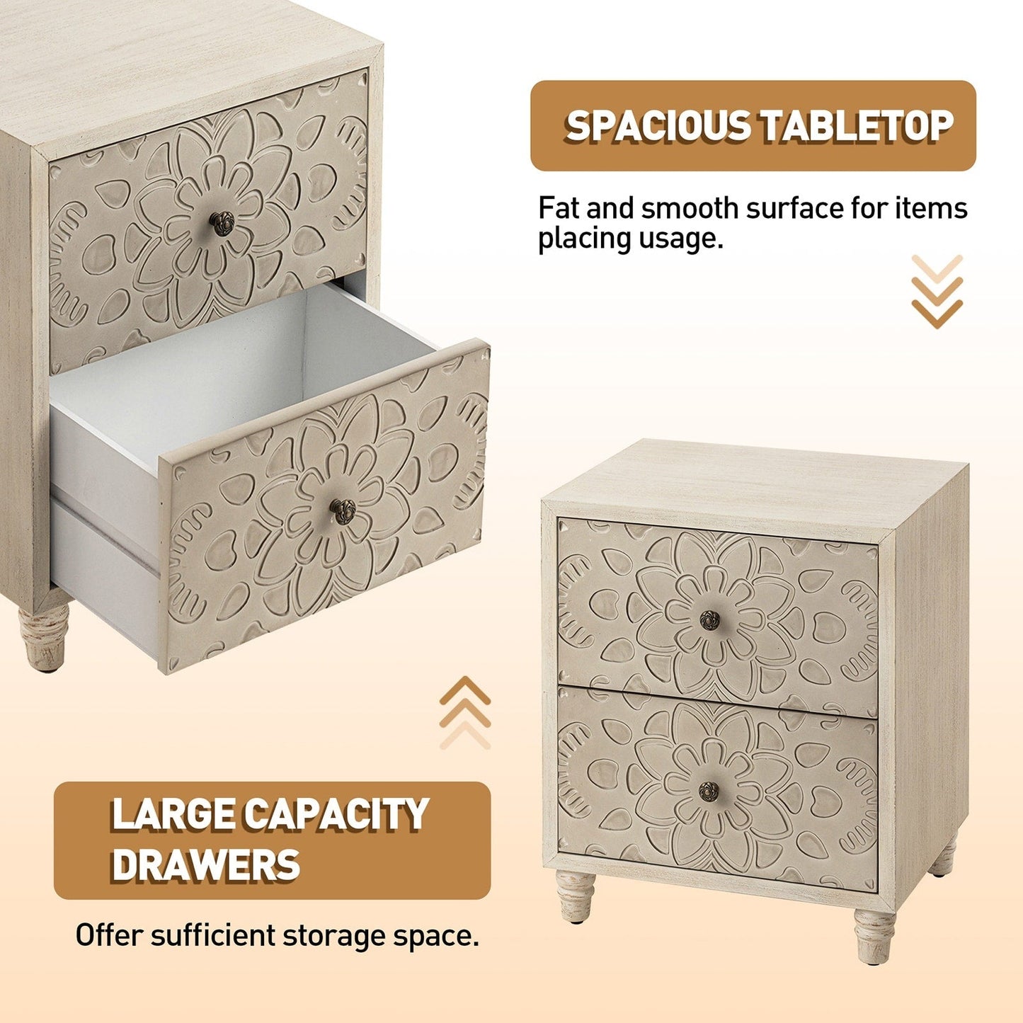 Table de chevet en bois massif marron vintage, motif COSIEST, avec tiroirs