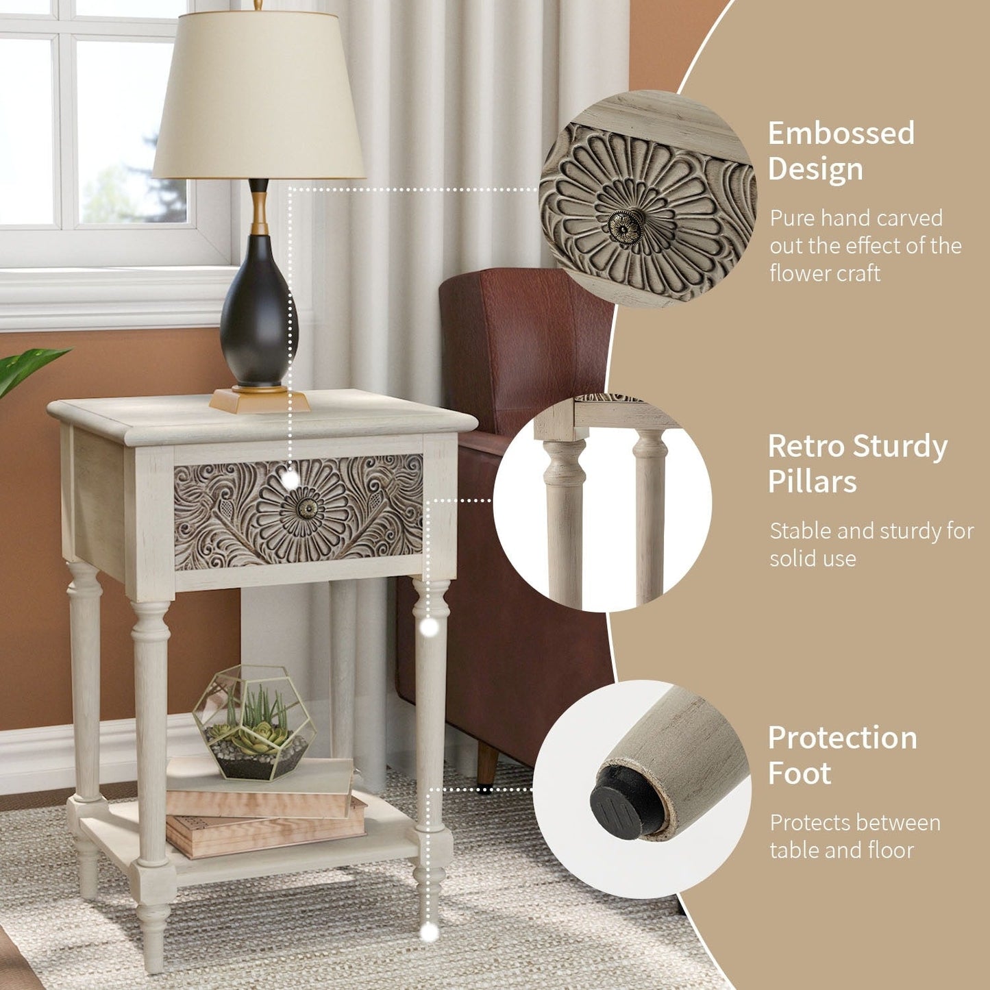 Table de chevet en bois massif marron vintage, motif COSIEST, avec tiroirs