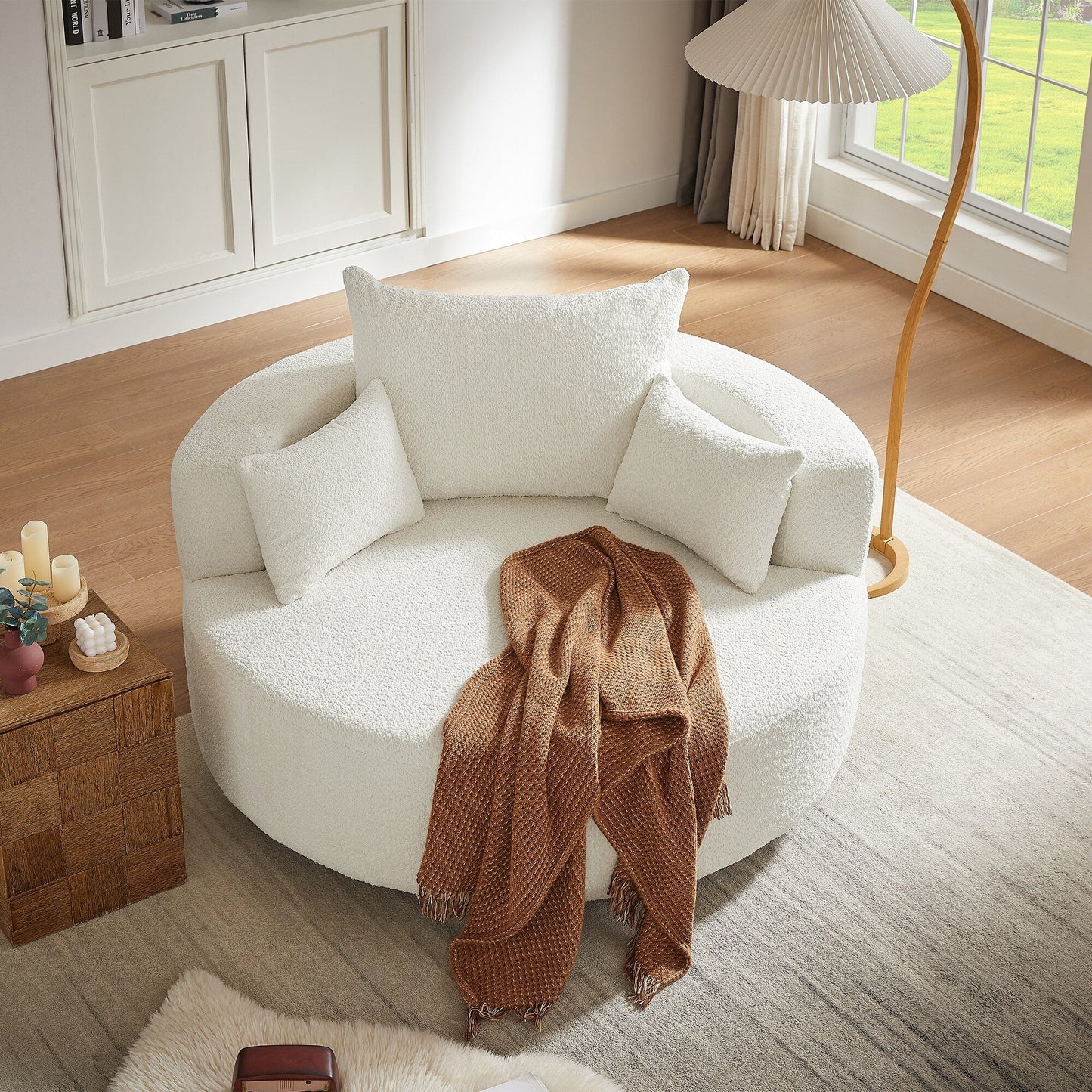 Fauteuil d'appoint en chenille, fauteuil rond avec base pivotante à 360 degrés et 3 coussins amovibles