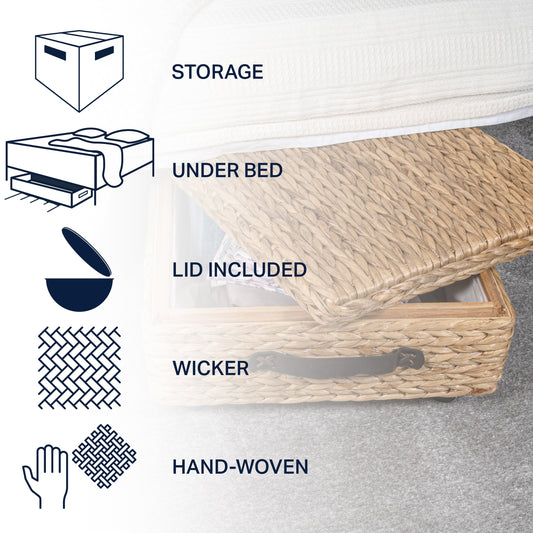 Happimess Bac de rangement sous le lit en jacinthe/bois avec roulettes et poignées