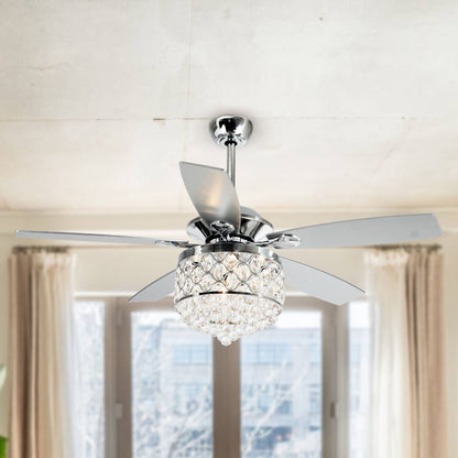 Lustre/ventilateur de plafond à 4 lumières en chrome/cristal avec télécommande