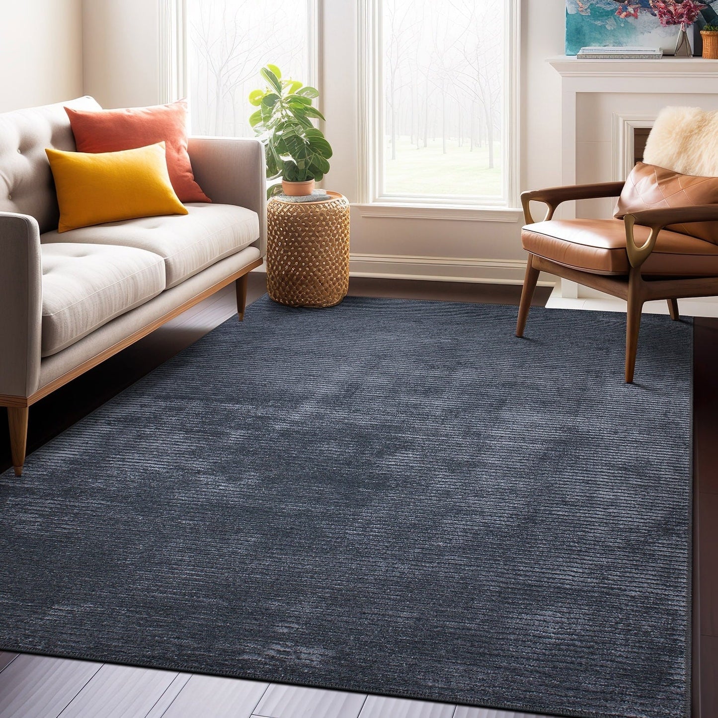 Tapis contemporain à rayures usées lavable en machine