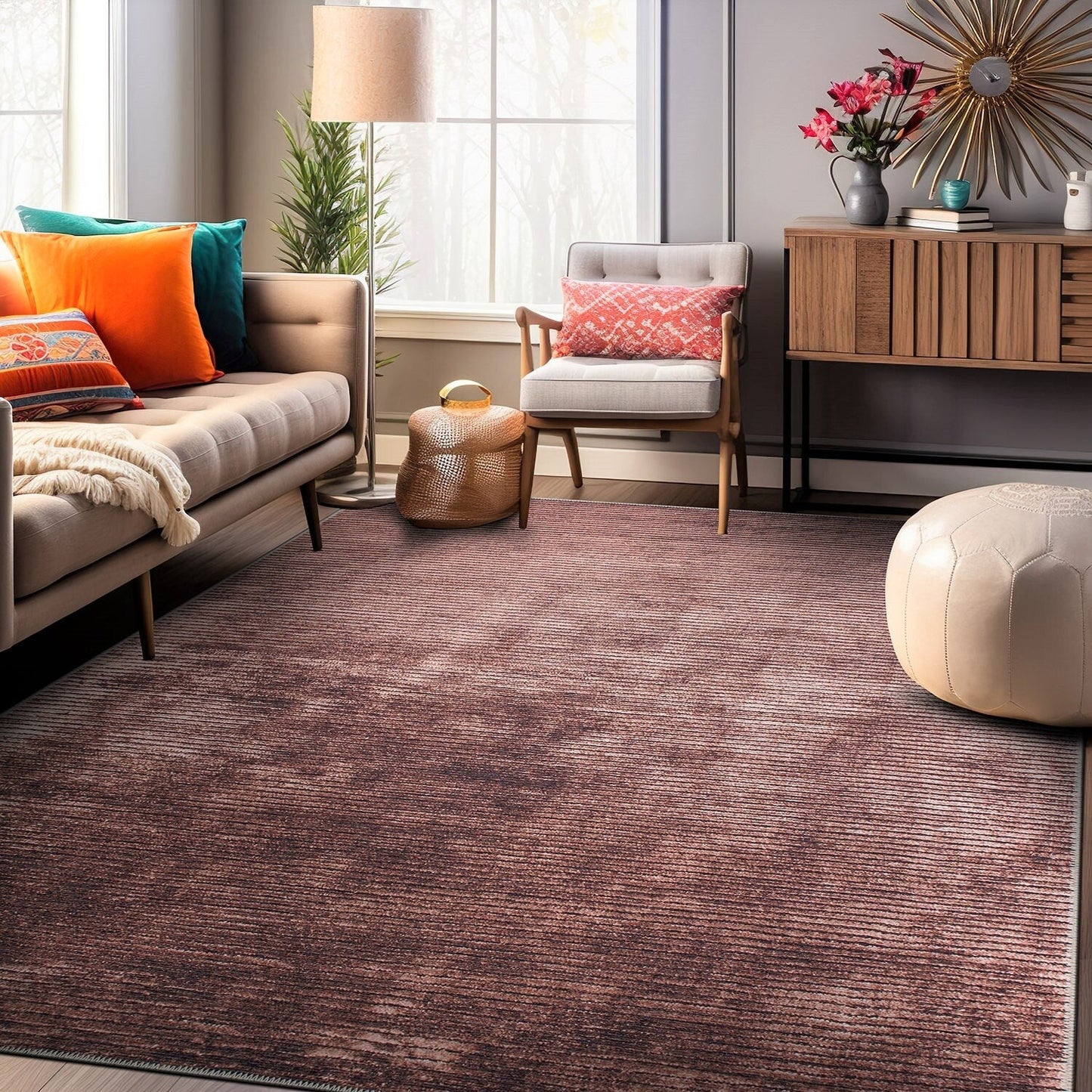 Tapis contemporain à rayures usées lavable en machine