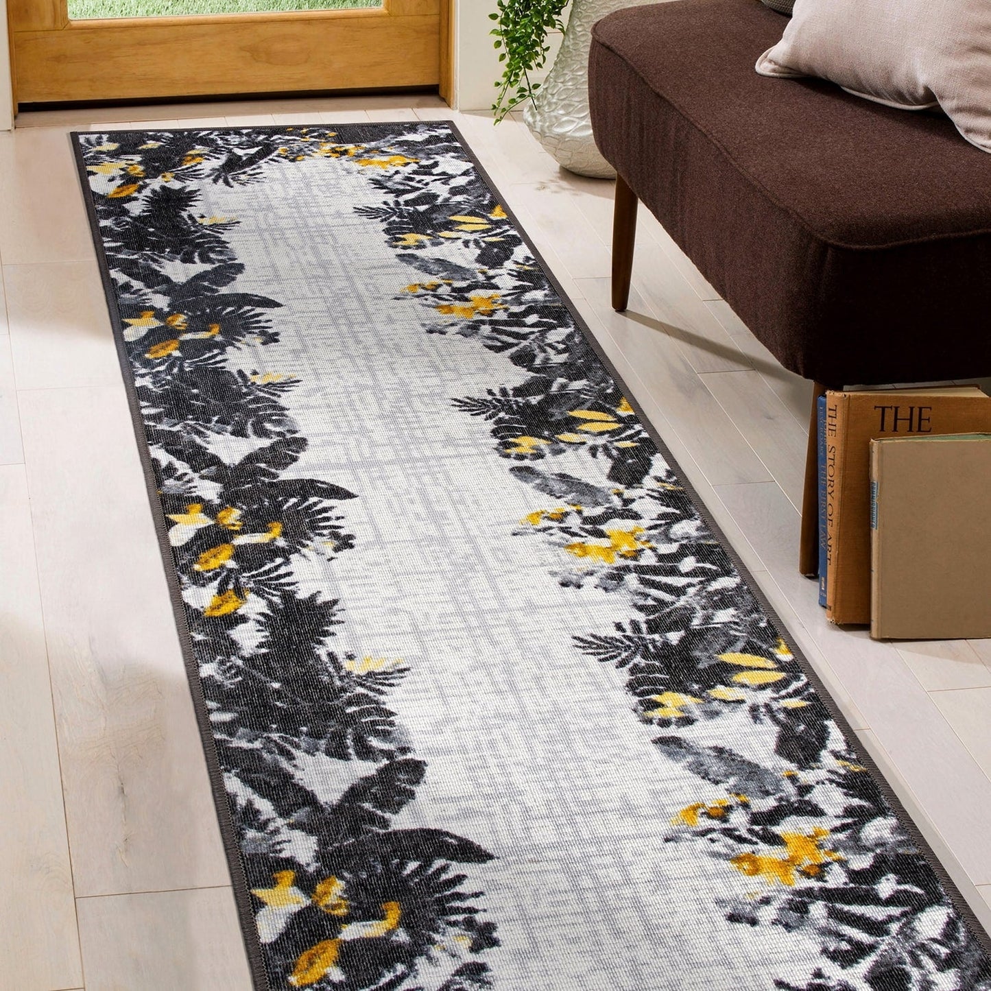 Tapis d'intérieur/extérieur à bordure florale contemporaine