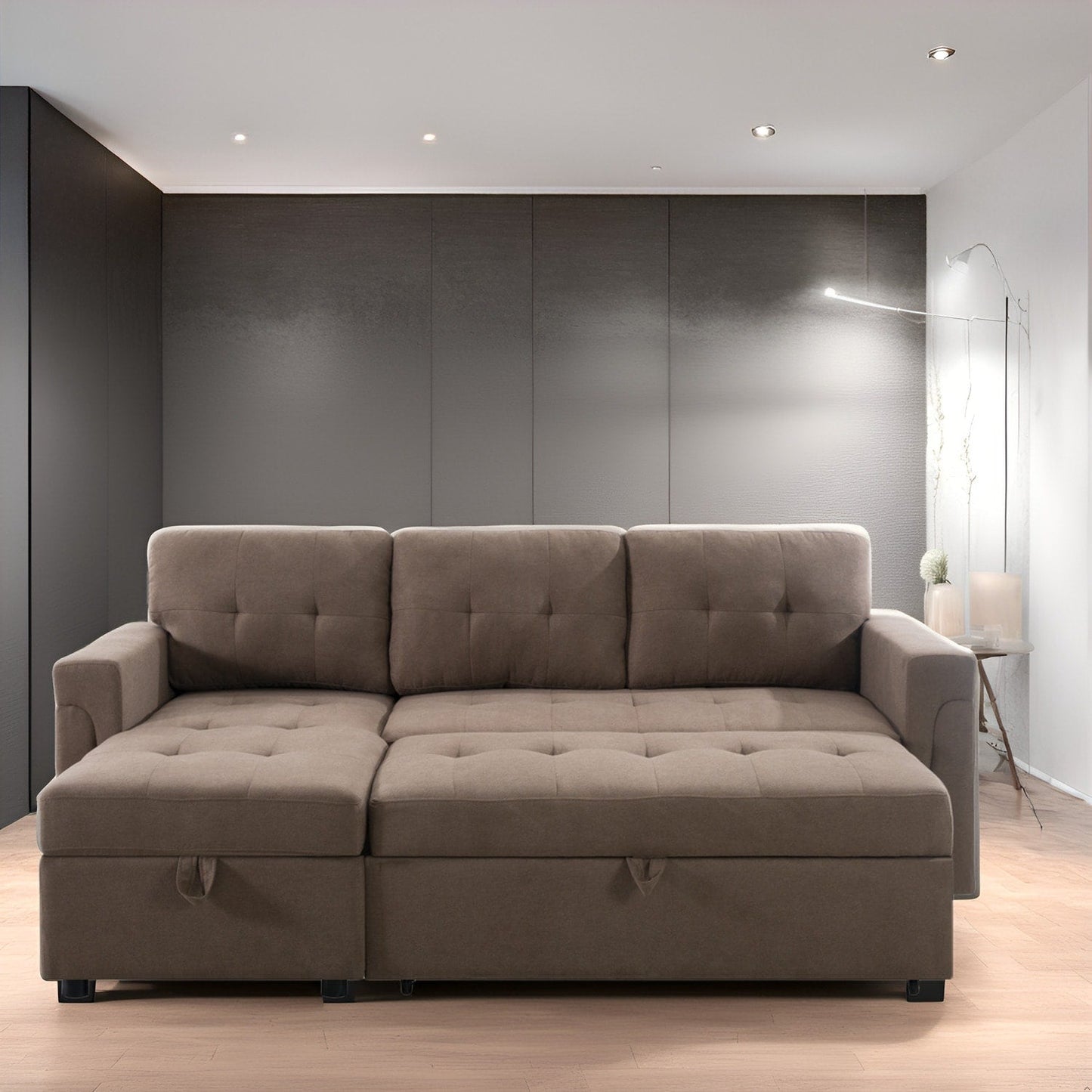 Canapé sectionnel convertible réversible avec lit gigogne, méridienne avec rangement dissimulé et pieds robustes