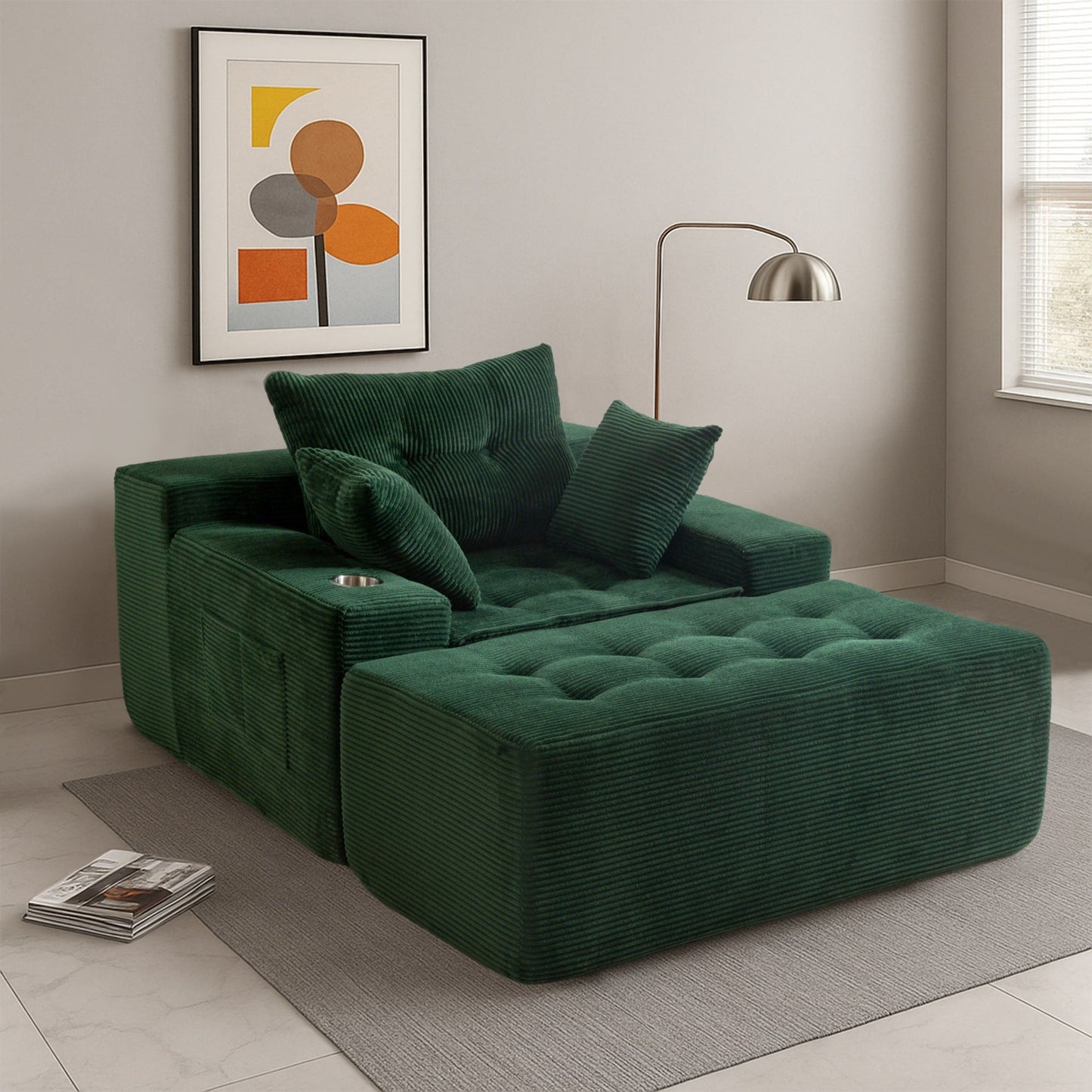 Canapé pouf rembourré en velours côtelé et mousse à mémoire de forme avec pouf - 48,4 L x 67,7 l x 24,4 H