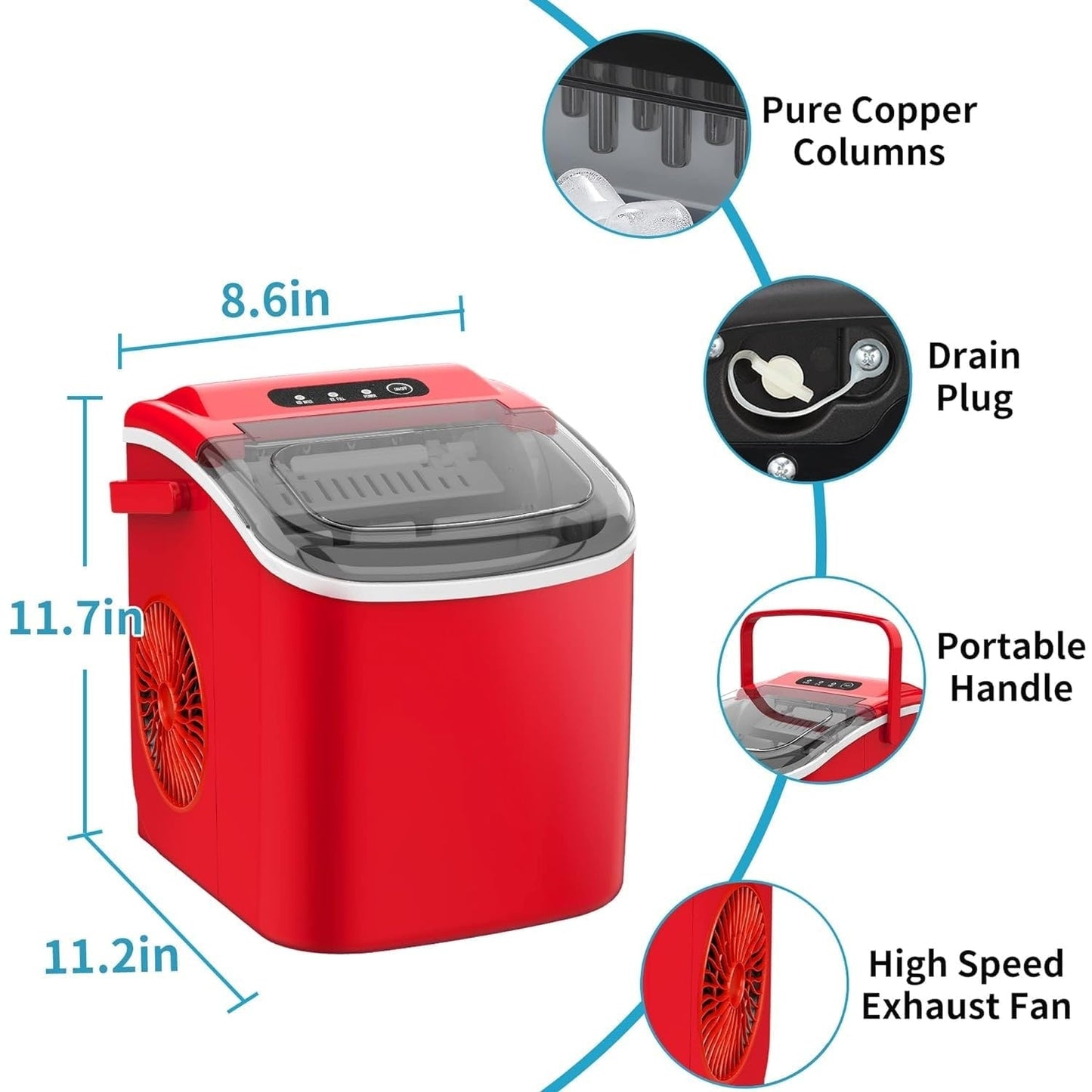 Machine à glaçons portable de comptoir avec fonction autonettoyante, 9 glaçons ronds en 6 minutes, fournie avec panier à glaçons et pelle à glace.