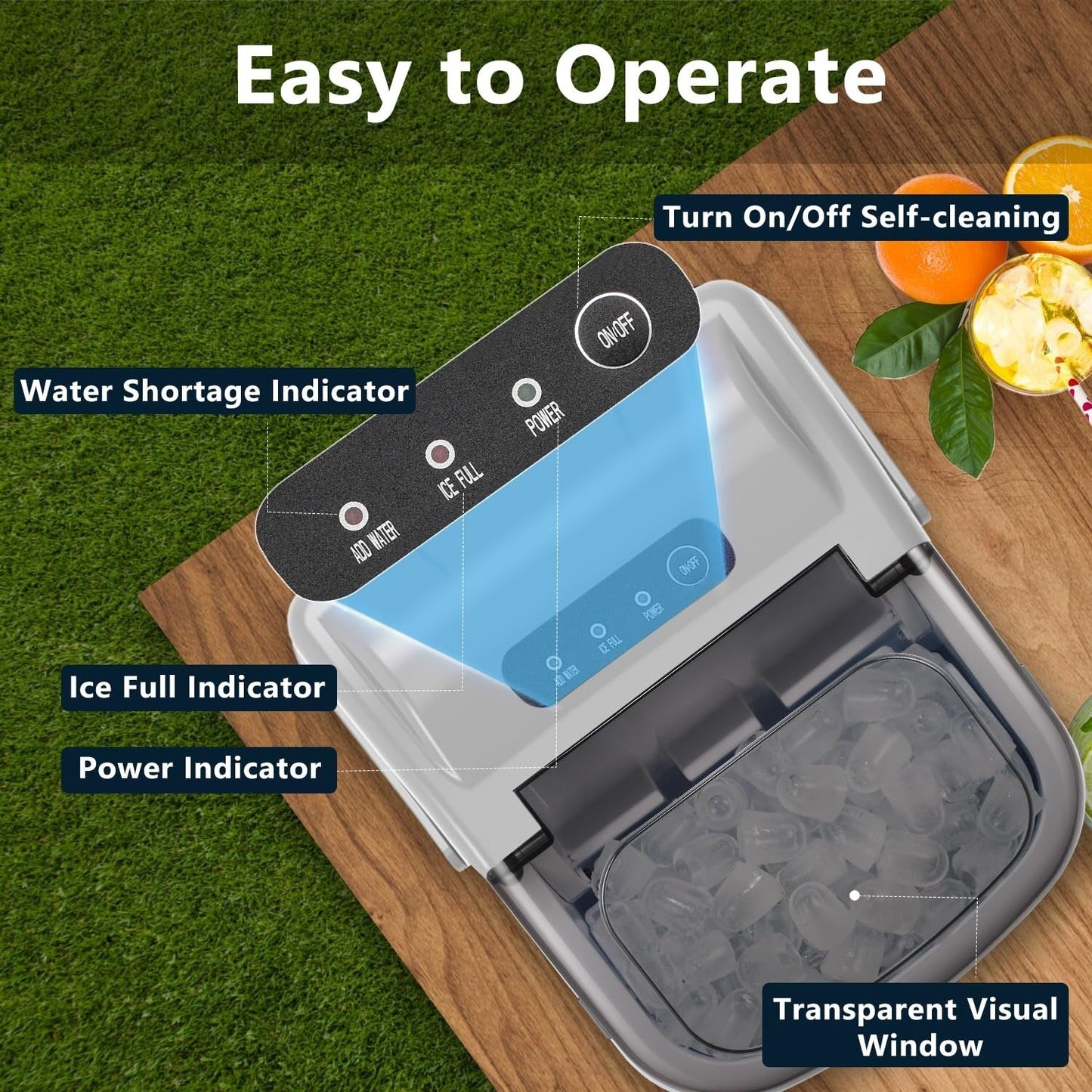 Machine à glaçons portable de comptoir avec fonction autonettoyante, 9 glaçons ronds en 6 minutes, fournie avec panier à glaçons et pelle à glace.
