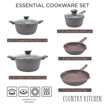 Ensemble de casseroles en fonte d'aluminium antiadhésives Country Kitchen - Batterie de cuisine durable pour la cuisine de tous les jours, 6 à 11 pièces