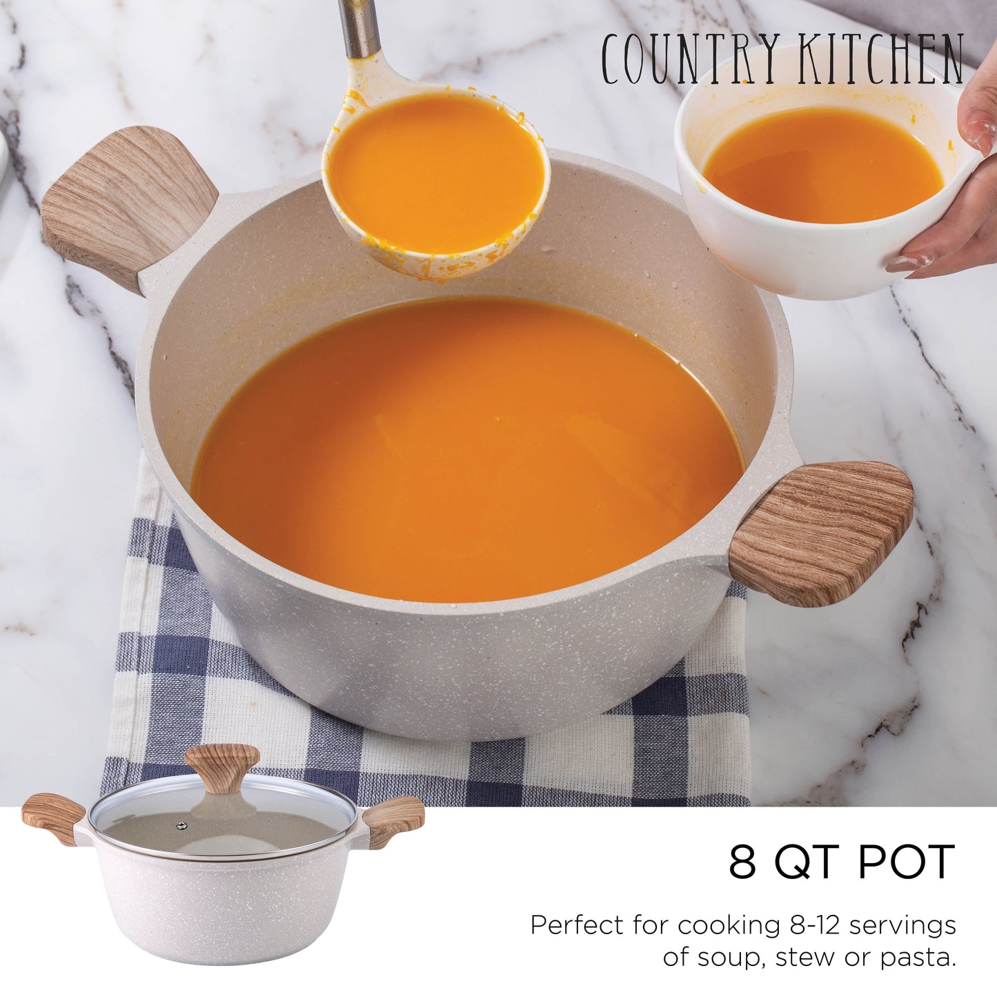 Ensemble de casseroles en fonte d'aluminium antiadhésives Country Kitchen - Batterie de cuisine durable pour la cuisine de tous les jours, 6 à 11 pièces