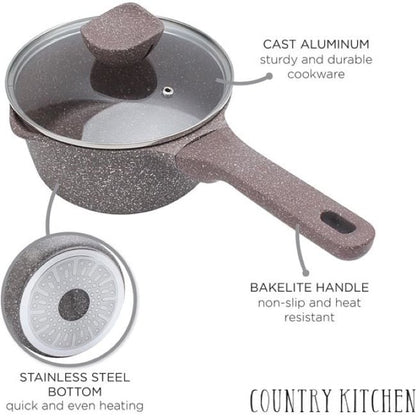 Ensemble de casseroles en fonte d'aluminium antiadhésives Country Kitchen - Batterie de cuisine durable pour la cuisine de tous les jours, 6 à 11 pièces