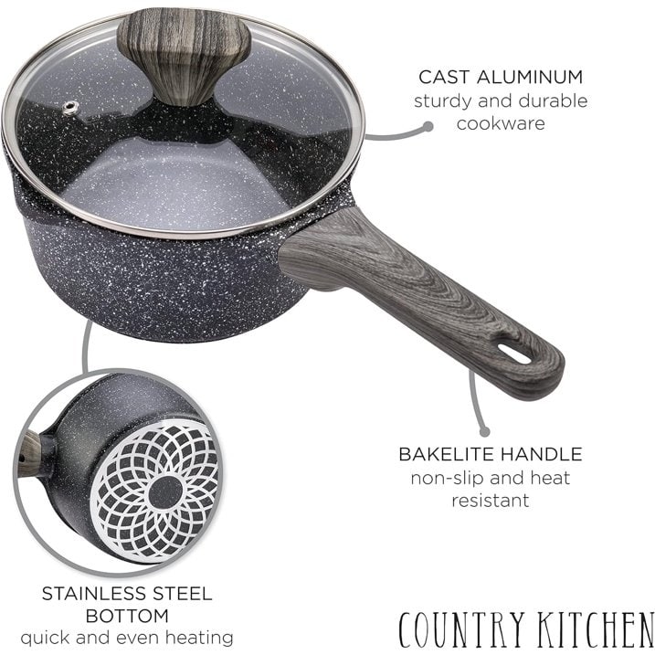 Ensemble de casseroles en fonte d'aluminium antiadhésives Country Kitchen - Batterie de cuisine durable pour la cuisine de tous les jours, 6 à 11 pièces