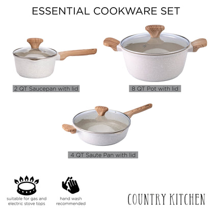 Ensemble de casseroles en fonte d'aluminium antiadhésives Country Kitchen - Batterie de cuisine durable pour la cuisine de tous les jours, 6 à 11 pièces