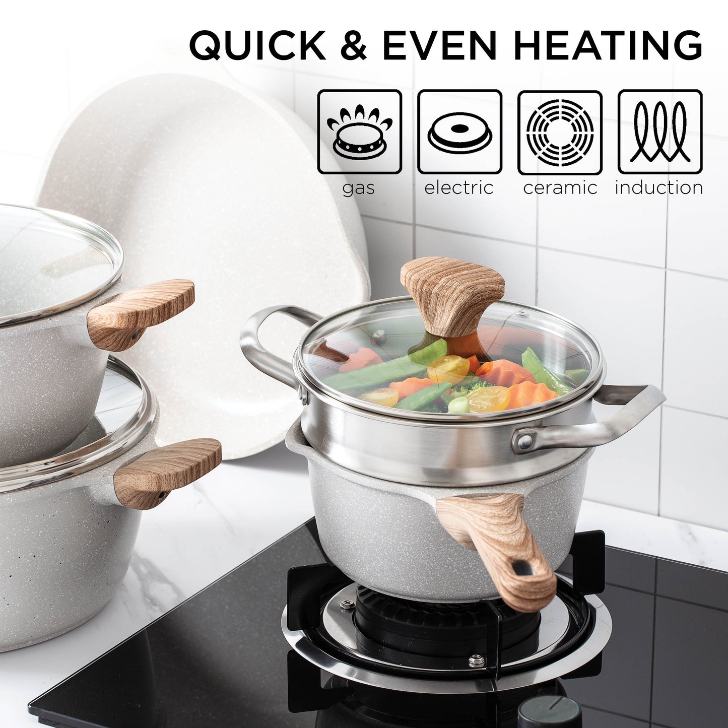 Ensemble de casseroles en fonte d'aluminium antiadhésives Country Kitchen - Batterie de cuisine durable pour la cuisine de tous les jours, 6 à 11 pièces