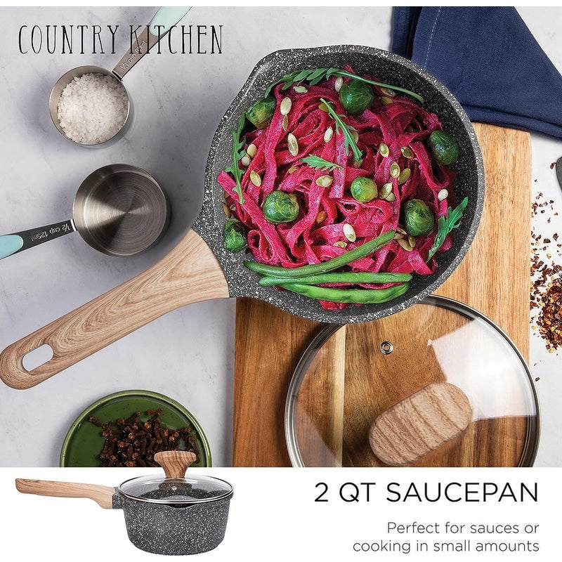 Ensemble de casseroles en fonte d'aluminium antiadhésives Country Kitchen - Batterie de cuisine durable pour la cuisine de tous les jours, 6 à 11 pièces