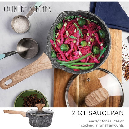 Ensemble de casseroles en fonte d'aluminium antiadhésives Country Kitchen - Batterie de cuisine durable pour la cuisine de tous les jours, 6 à 11 pièces