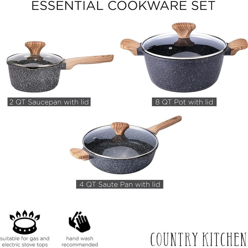 Ensemble de casseroles en fonte d'aluminium antiadhésives Country Kitchen - Batterie de cuisine durable pour la cuisine de tous les jours, 6 à 11 pièces