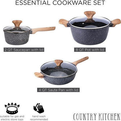 Ensemble de casseroles en fonte d'aluminium antiadhésives Country Kitchen - Batterie de cuisine durable pour la cuisine de tous les jours, 6 à 11 pièces