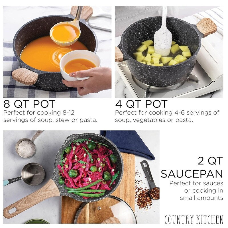 Ensemble de casseroles en fonte d'aluminium antiadhésives Country Kitchen - Batterie de cuisine durable pour la cuisine de tous les jours, 6 à 11 pièces