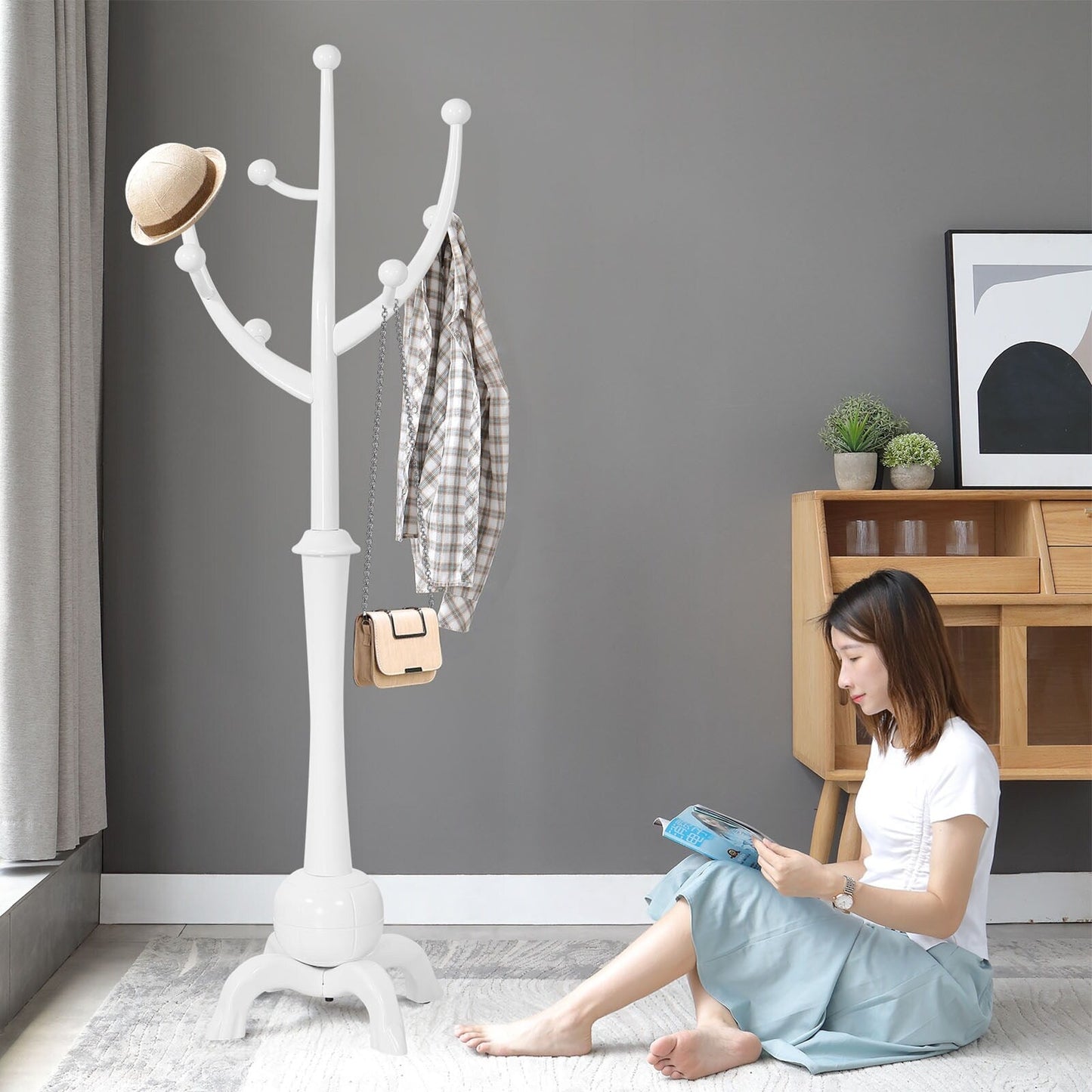 Porte-manteau autoportant en bois d'hévéa avec 8 crochets - 24,5 L x 70,87 H