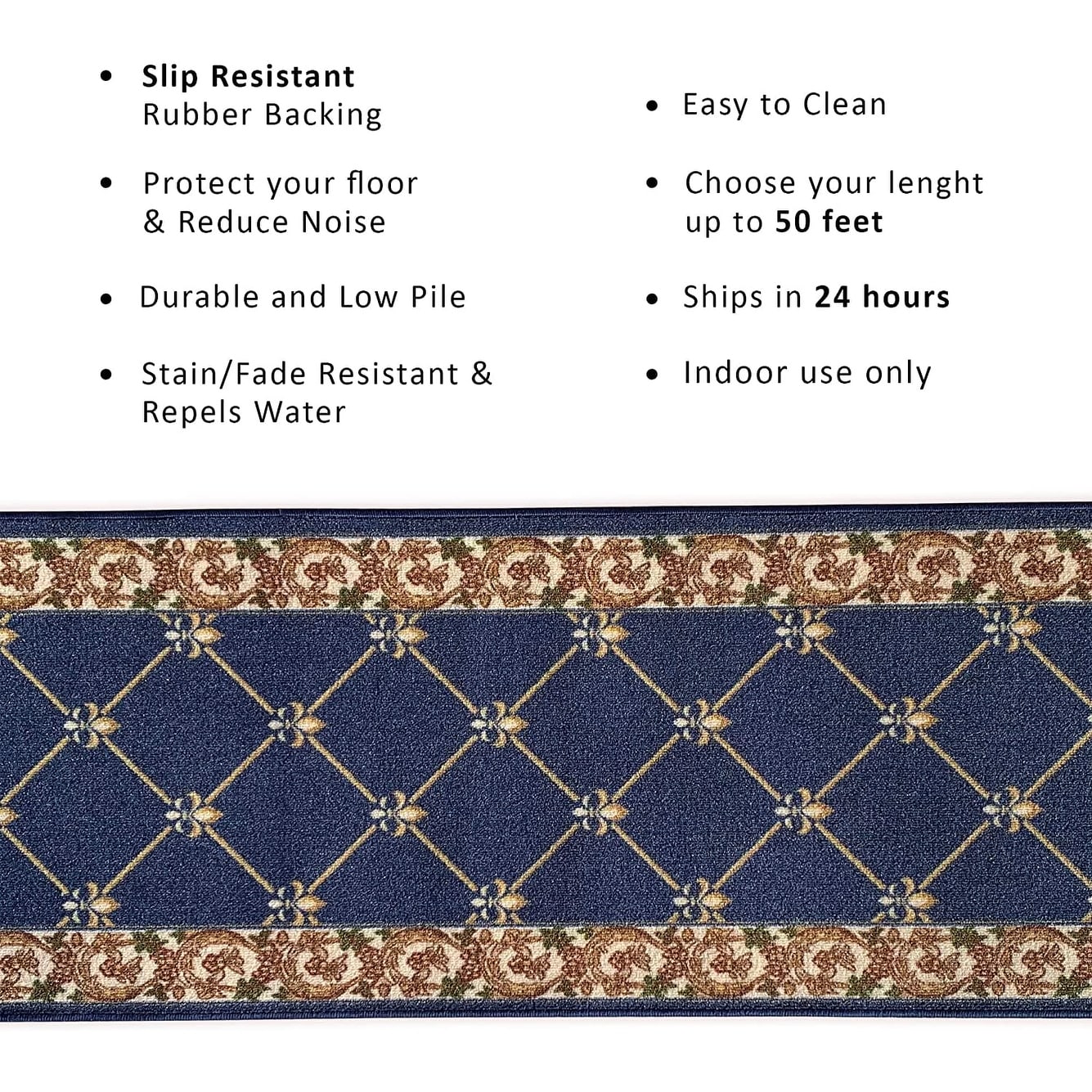 Tapis d'escalier antidérapant Fleur de Lys sur mesure de 66 cm de large