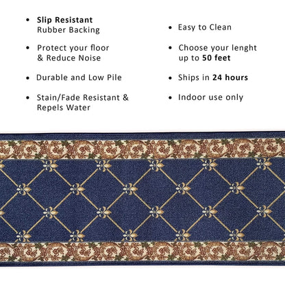 Tapis d'escalier antidérapant Fleur de Lys sur mesure de 66 cm de large