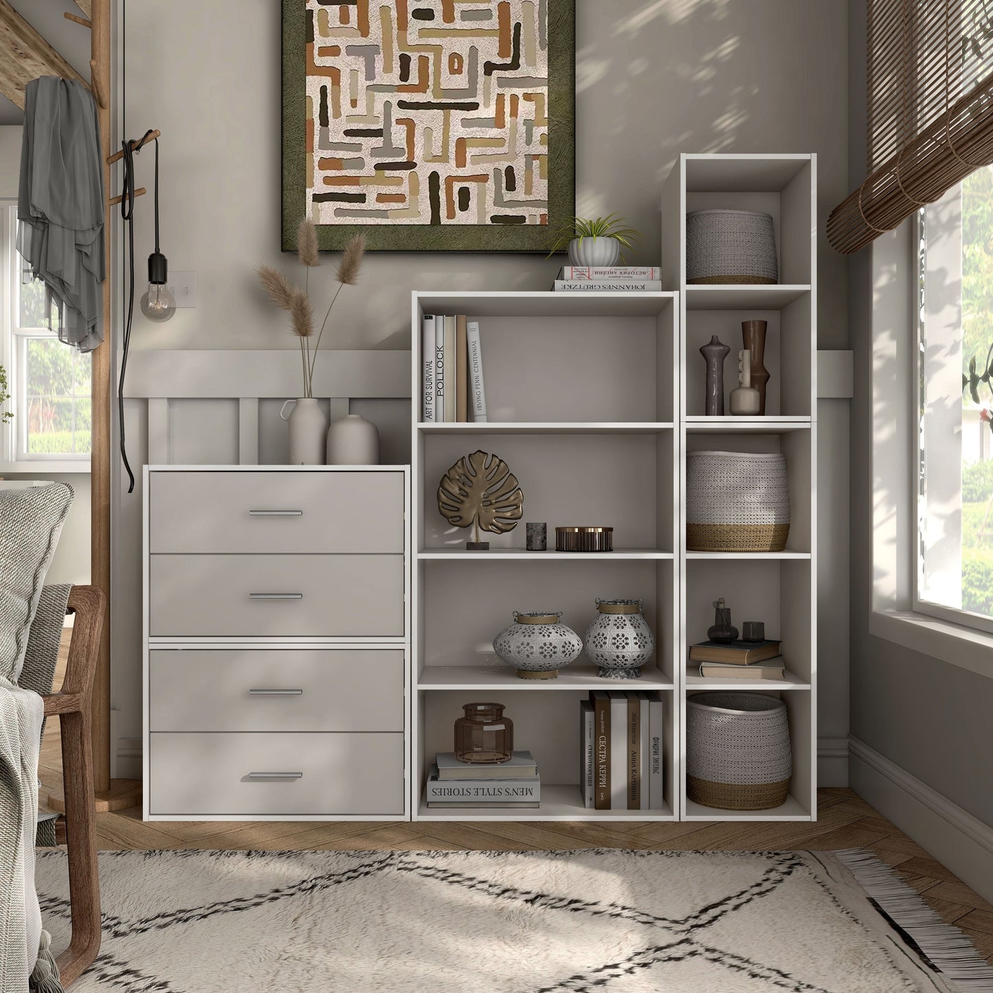 DH BASIC Système de rangement moderne en bois personnalisable et empilable - Étagères cubiques, armoire à tiroirs, bibliothèque avec portes par Denhour