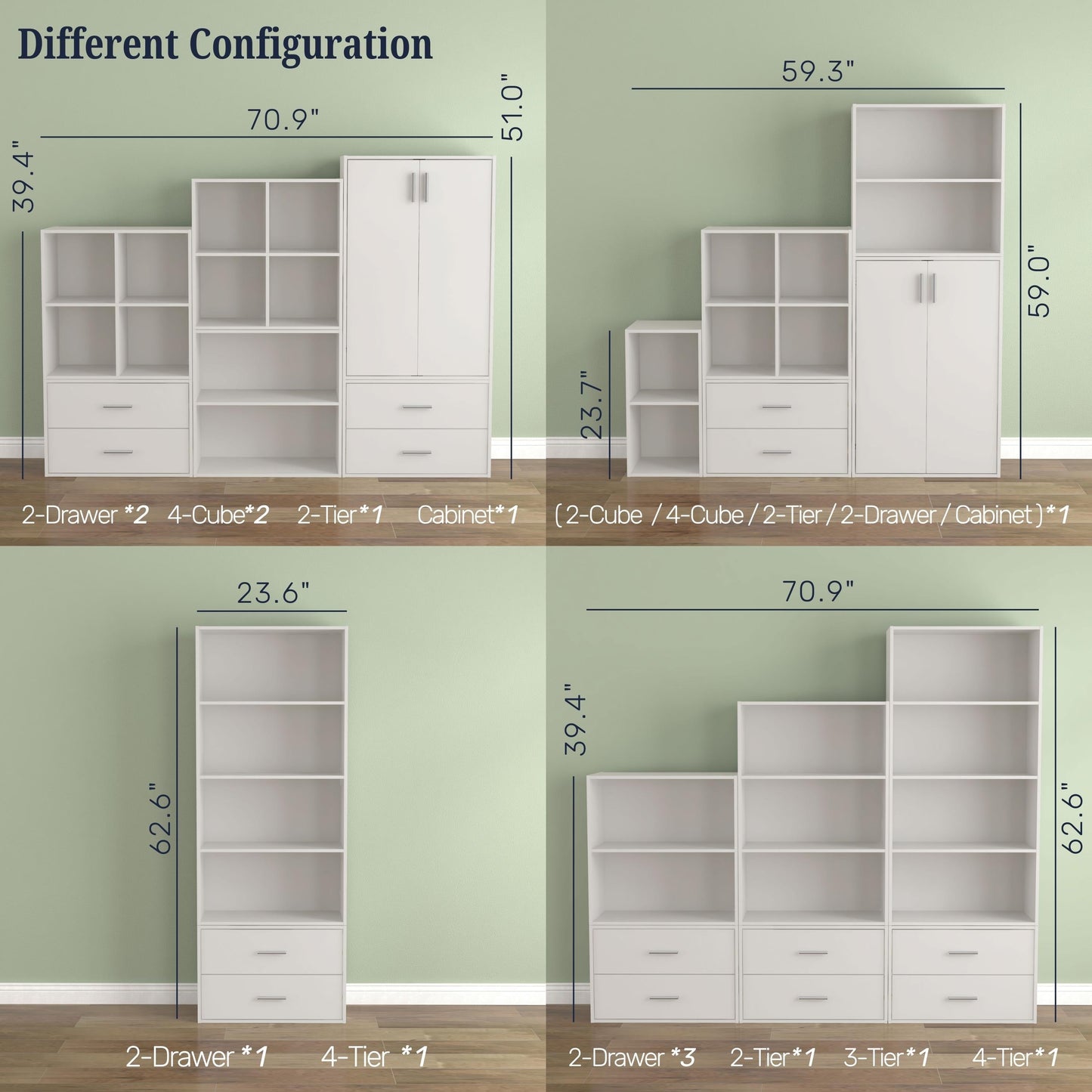DH BASIC Système de rangement moderne en bois personnalisable et empilable - Étagères cubiques, armoire à tiroirs, bibliothèque avec portes par Denhour