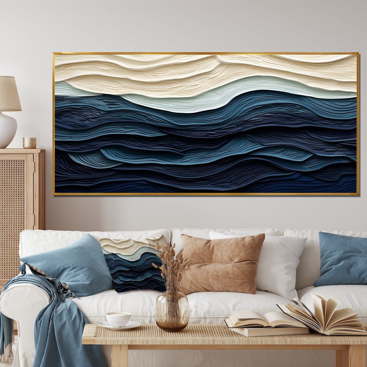 Designart Vague côtière bleue et blanche S Edge Décoration murale bleue minimaliste pour salon côtier Tableau sur toile encadrée