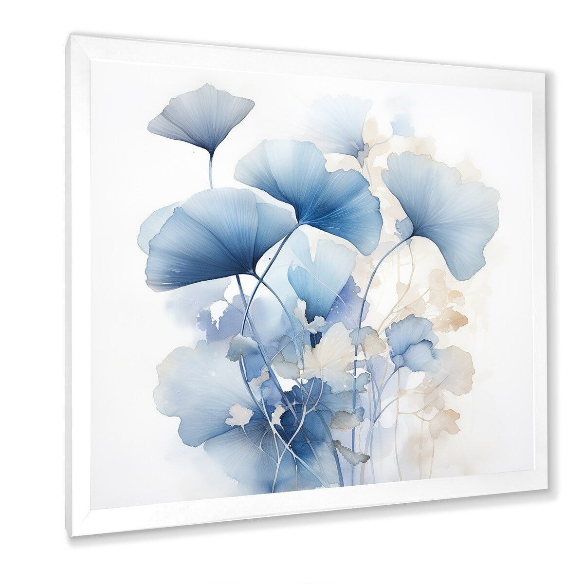Designart Feuilles de ginkgo bleues délicates sur fond de feuilles blanches à l'aquarelle, tableau encadré pour salon