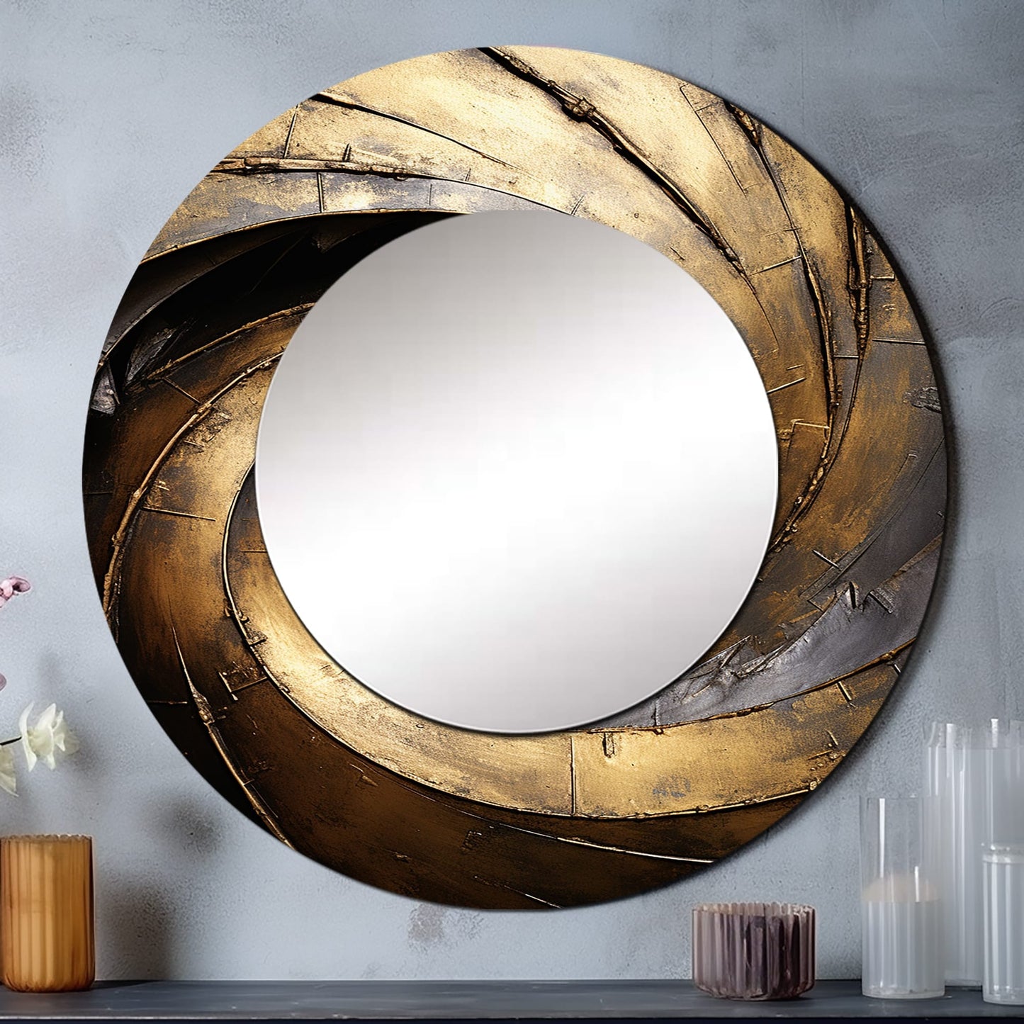 Miroir de salon Designart Gold Black Timeless Turn à spirales abstraites - Grand miroir rond moderne doré