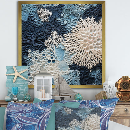 Designart Collage de coraux bleus et blancs sous l'eau, style côtier, toile encadrée