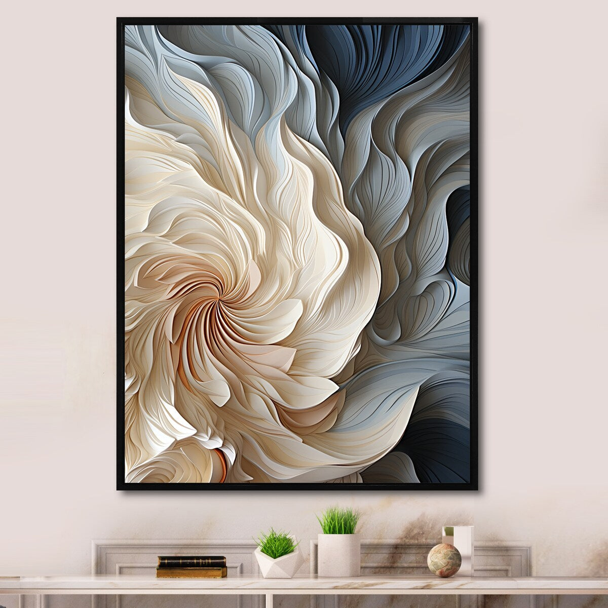 Designart Spirale de plumes blanches et bleues II Décoration murale géométrique abstraite bleue - Art mural encadré moderne pour entrée