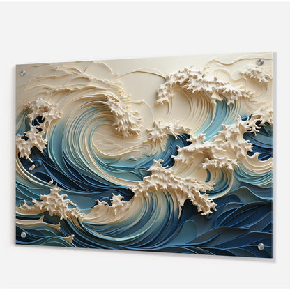 Décoration murale brillante Designart Vagues blanches et bleues style découpage papier III - Art mural acrylique côtier pour chambre