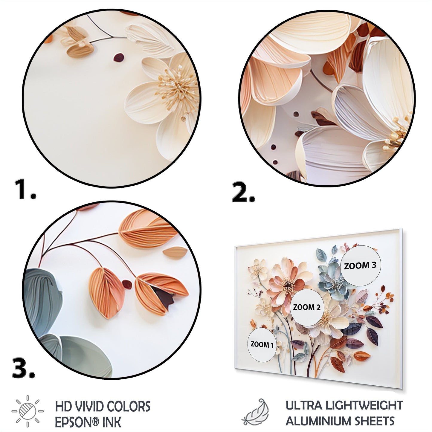 Designart Collage botanique blanc abstrait, décoration murale en métal pour salon