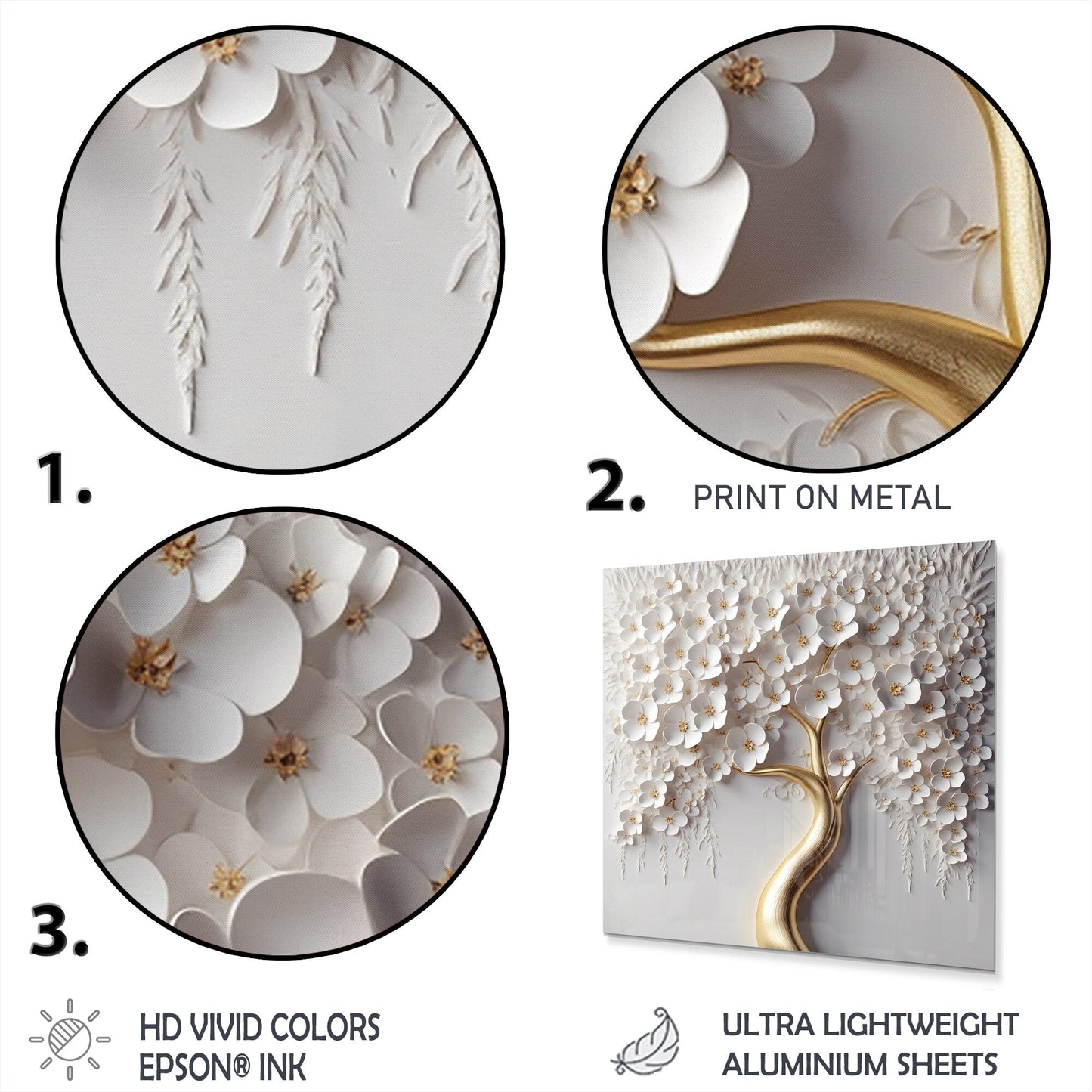 Designart Arbre Orchidée Blanche Jardin de Branches VIII Arbre Floral Métal Impression Art Mural Ronde sur Métal