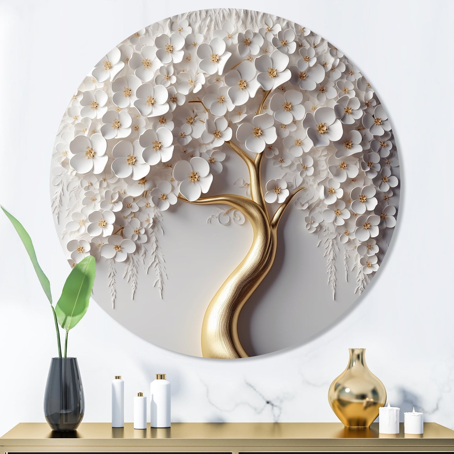 Designart Arbre Orchidée Blanche Jardin de Branches VIII Arbre Floral Métal Impression Art Mural Ronde sur Métal