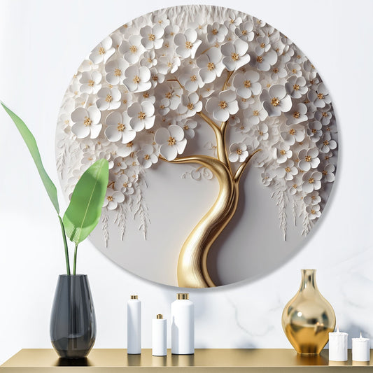 Designart Arbre Orchidée Blanche Jardin de Branches VIII Arbre Floral Métal Impression Art Mural Ronde sur Métal