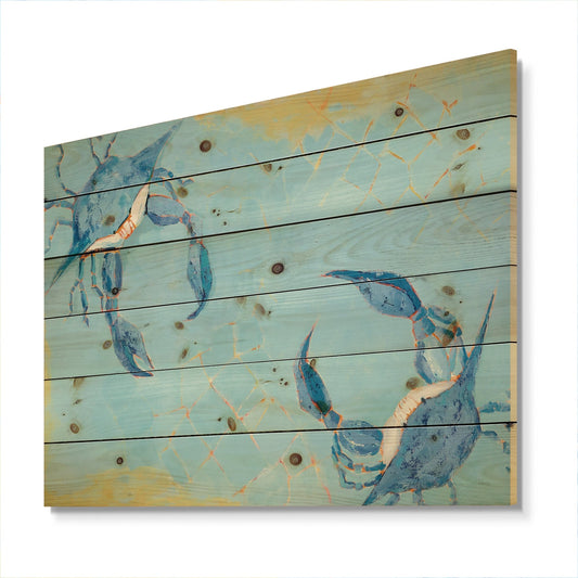 Designart « Bataille de crabes côtiers bleus », impression nautique et côtière sur bois de pin naturel - Bleu