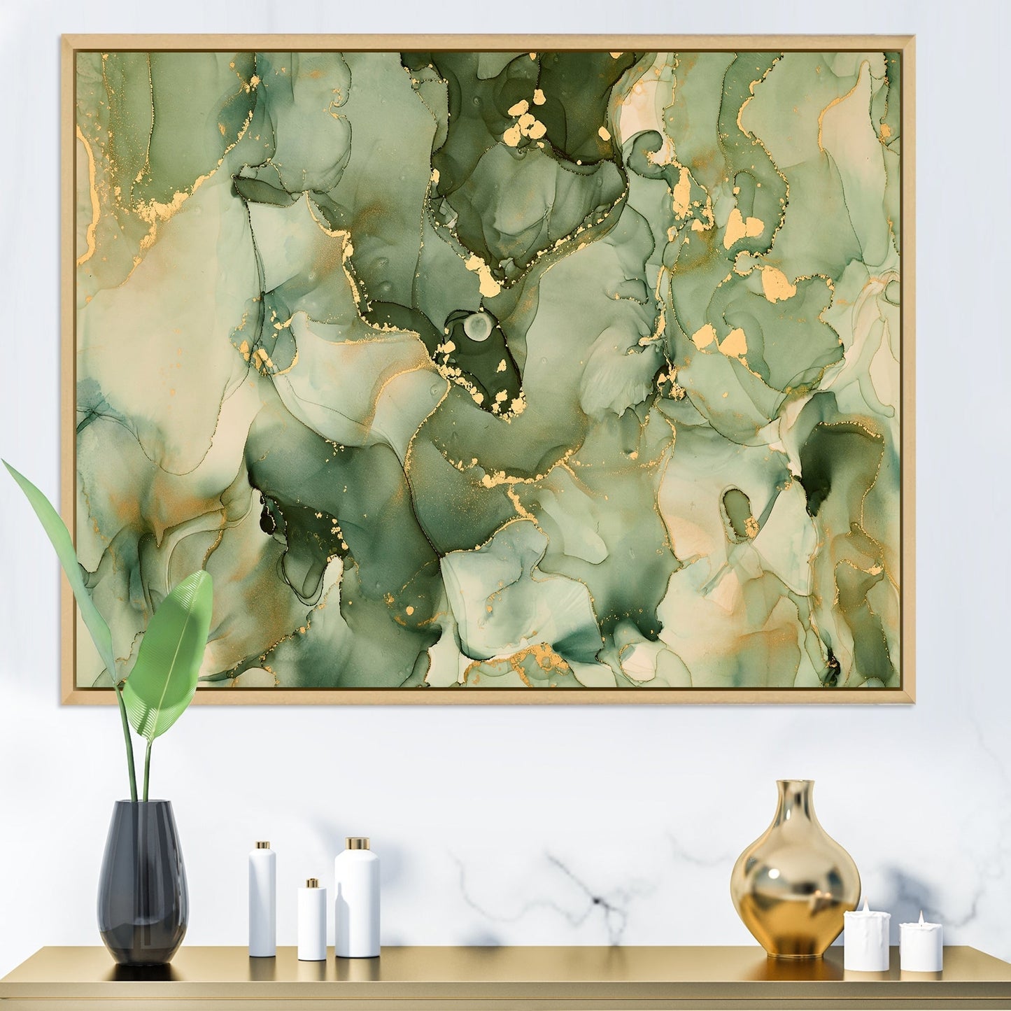 Designart Vert Luxe Abstrait Fluide Art I Impression sur Toile Encadrée Moderne