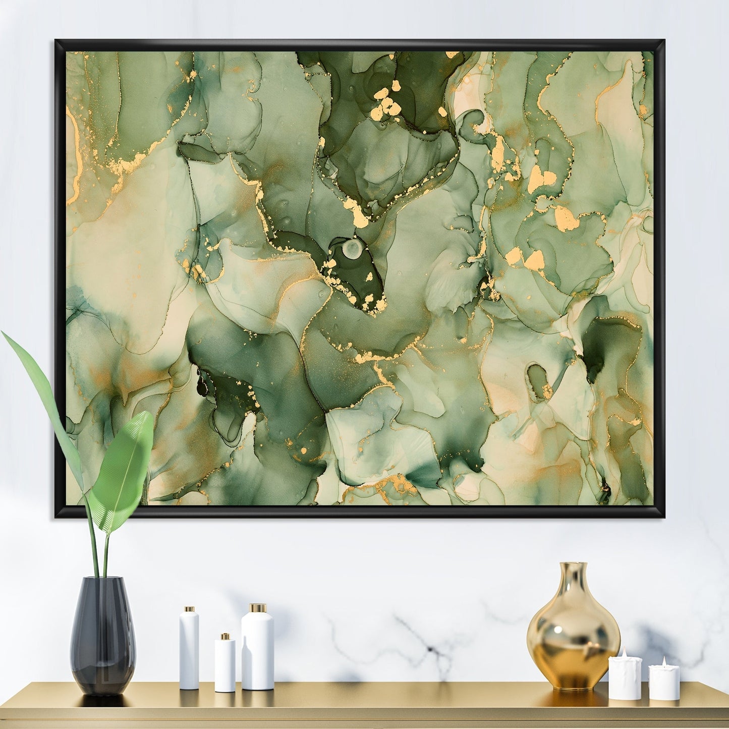 Designart Vert Luxe Abstrait Fluide Art I Impression sur Toile Encadrée Moderne