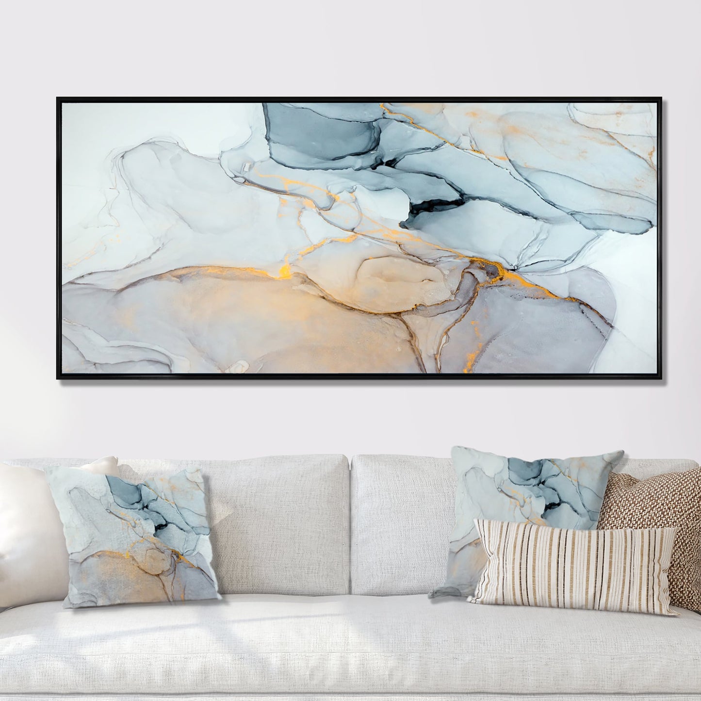 Designart Luxry Marbre Bleu et Gris Ondulations II Tableau abstrait encadré sur toile