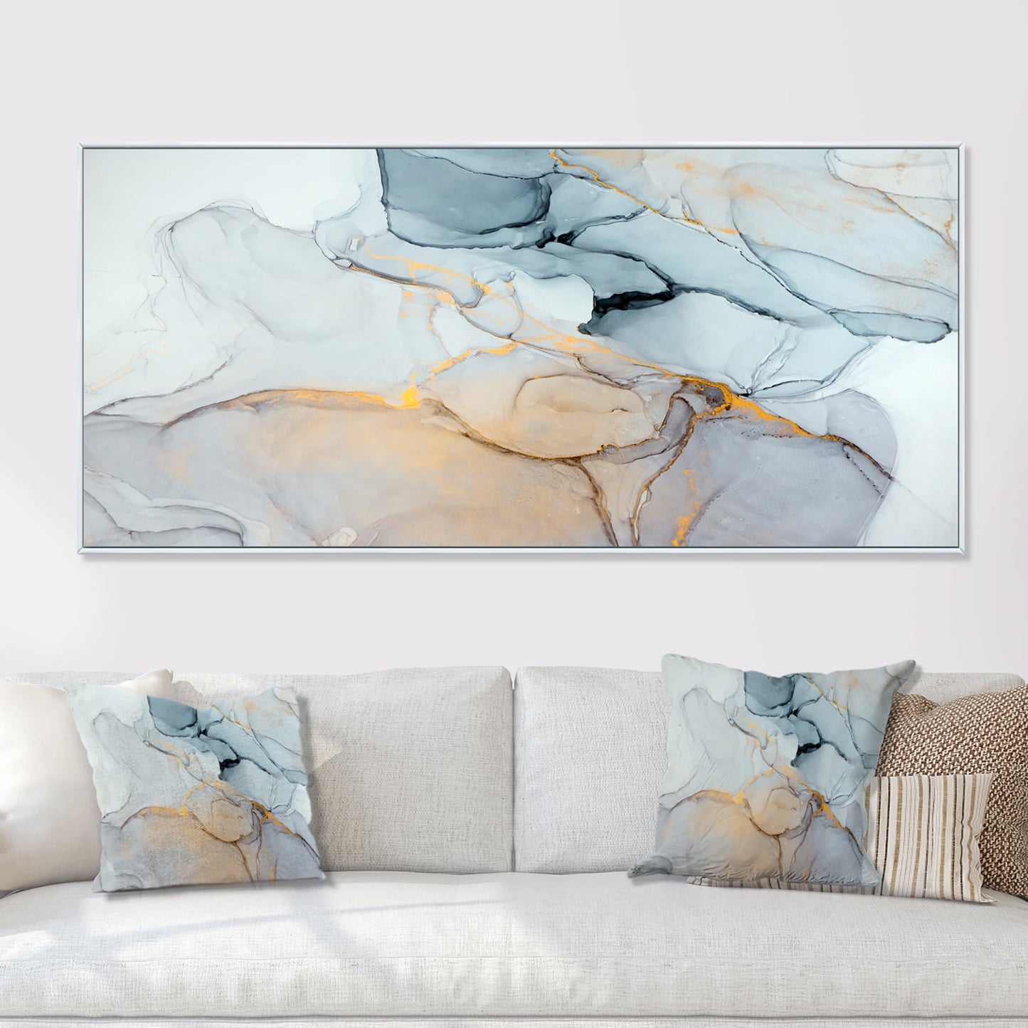 Designart Luxry Marbre Bleu et Gris Ondulations II Tableau abstrait encadré sur toile