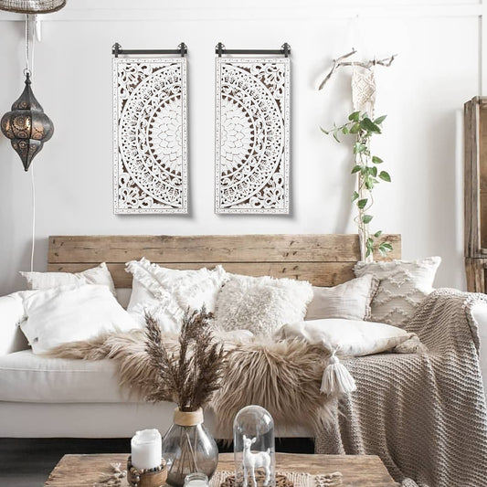 Décoration murale en bois blanc ivoire vieilli avec des accents noirs (lot de 2)