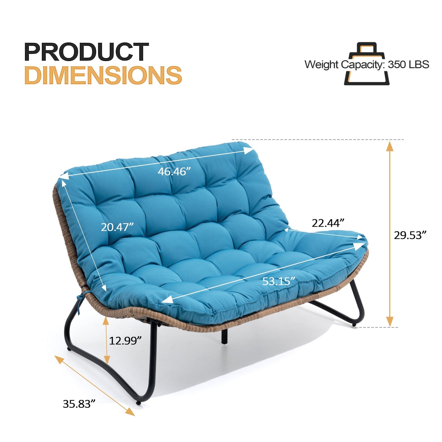 Fauteuil Papasan double avec coussin, rotin PE toutes saisons et cadre en métal pour intérieur et extérieur