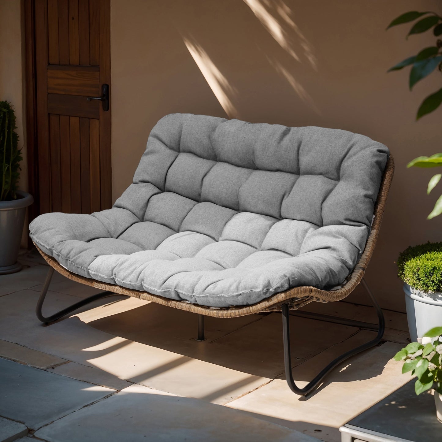 Fauteuil Papasan double avec coussin, rotin PE toutes saisons et cadre en métal pour intérieur et extérieur