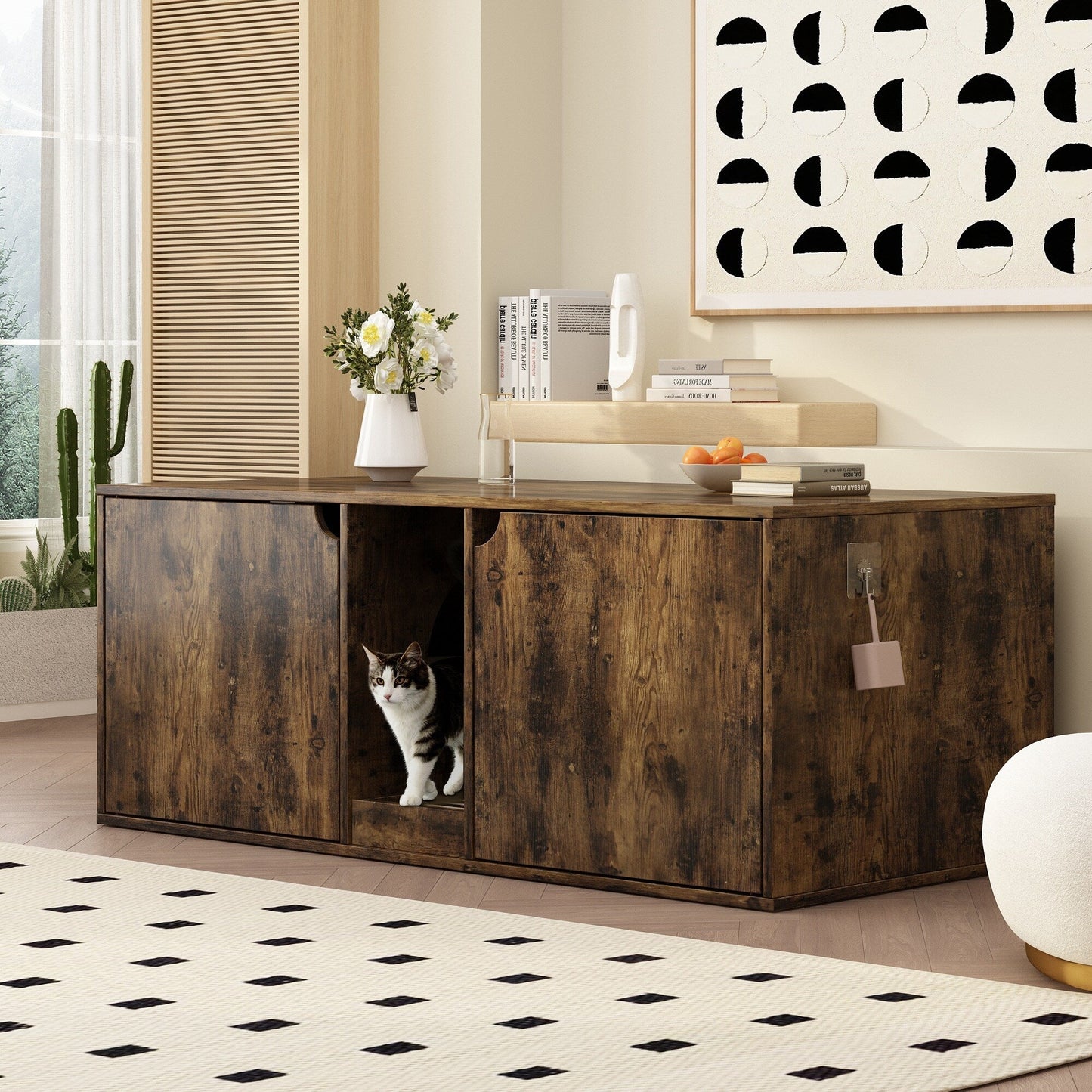 Meuble multifonctionnel pour bac à litière à double compartiment