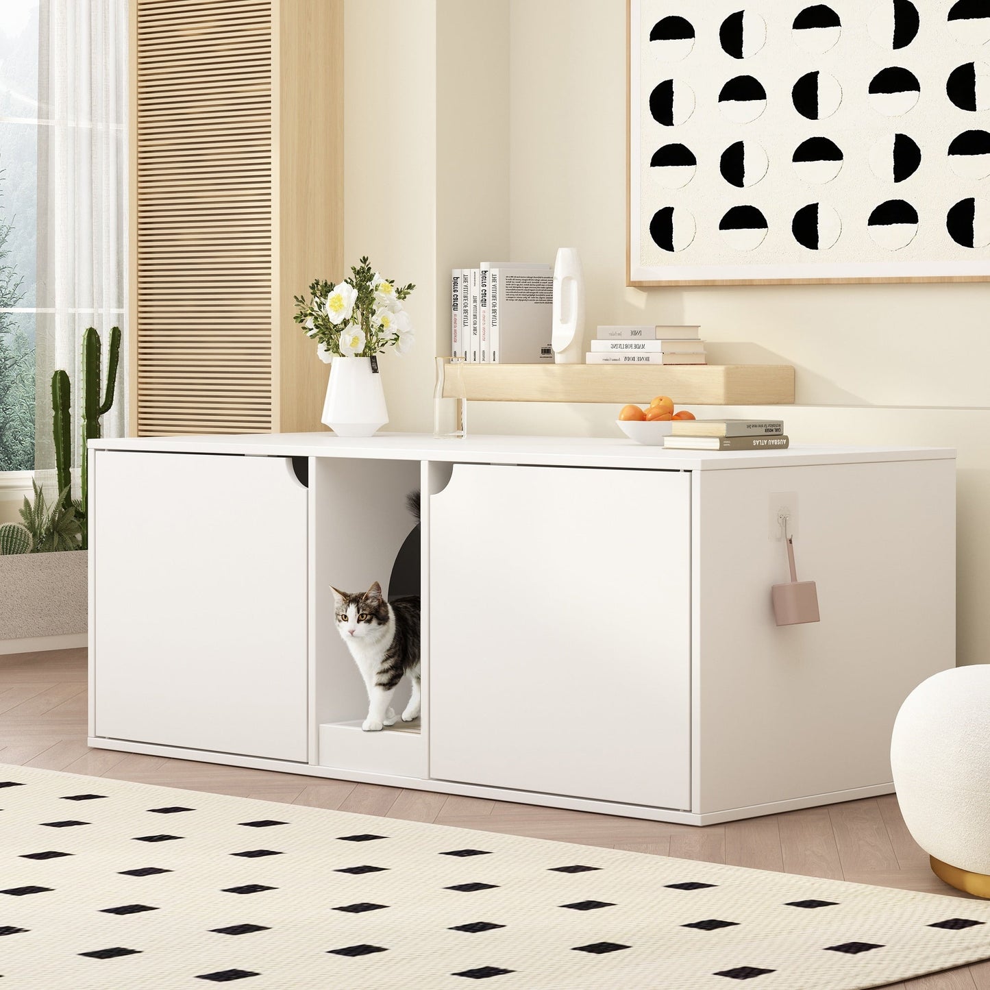 Meuble multifonctionnel pour bac à litière à double compartiment