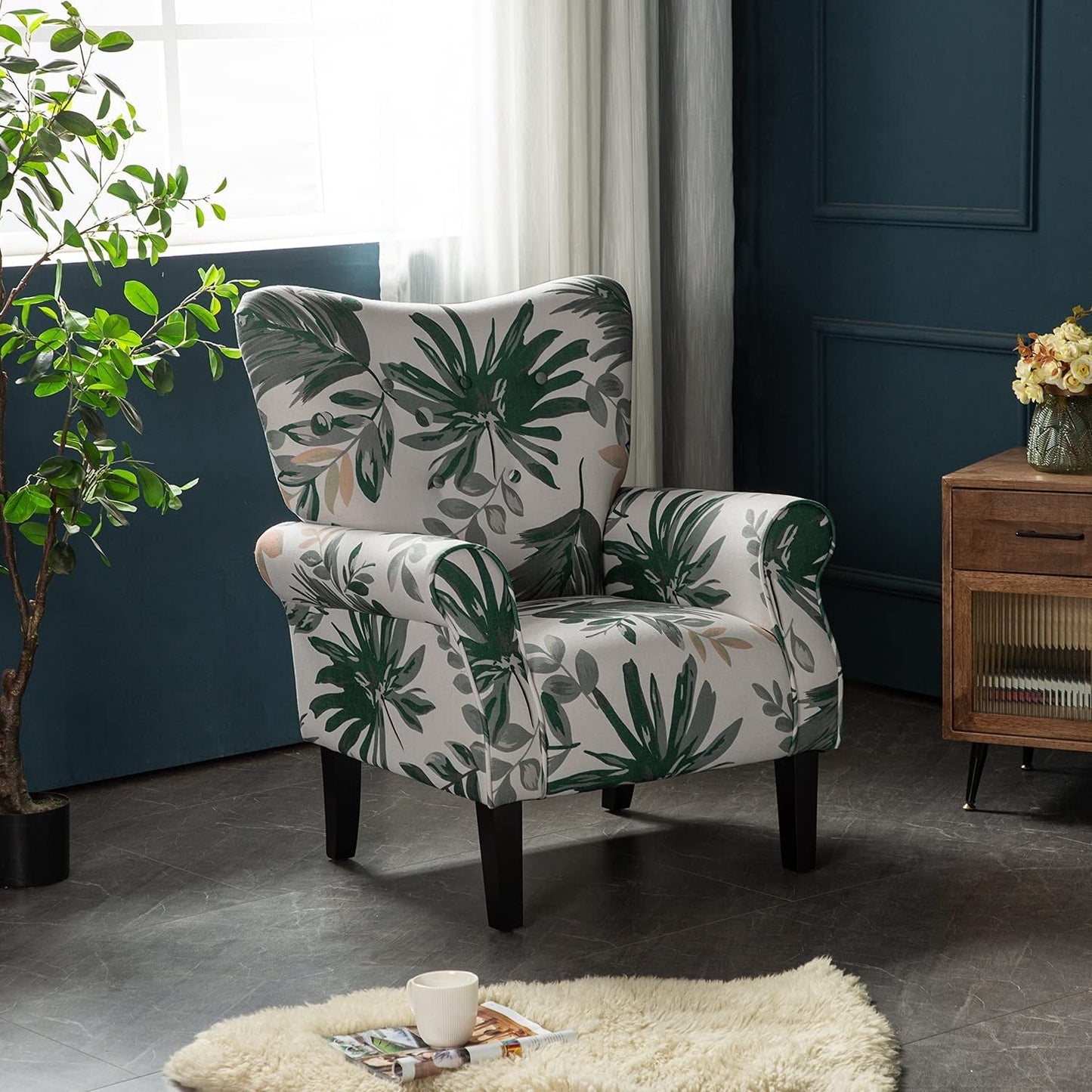 Fauteuil d'appoint moderne Erommy, fauteuil à dossier haut, canapé simple en tissu rembourré avec pieds en bois pour le salon